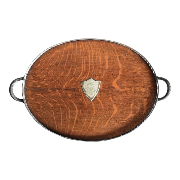 ANTIQUE English Sheffield Silver & Oak Drinks Tray - Picture 1 of 9